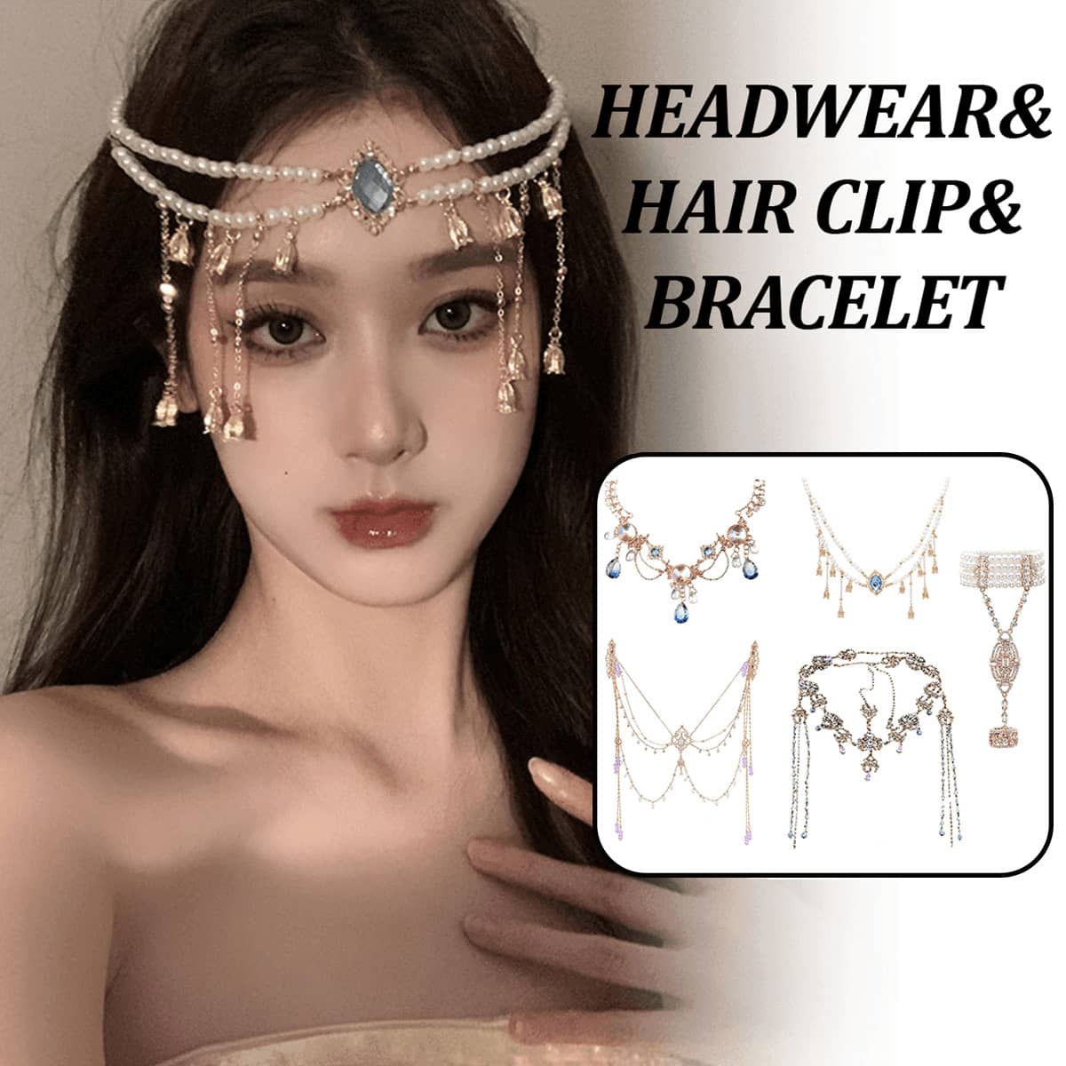 Hair Clip Face Chain with Purple Bead Tassels - Face Decoration, Gold-Tone - view 2