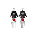 Halloween Earrings - Skeleton Hand with Skull and Red Rose