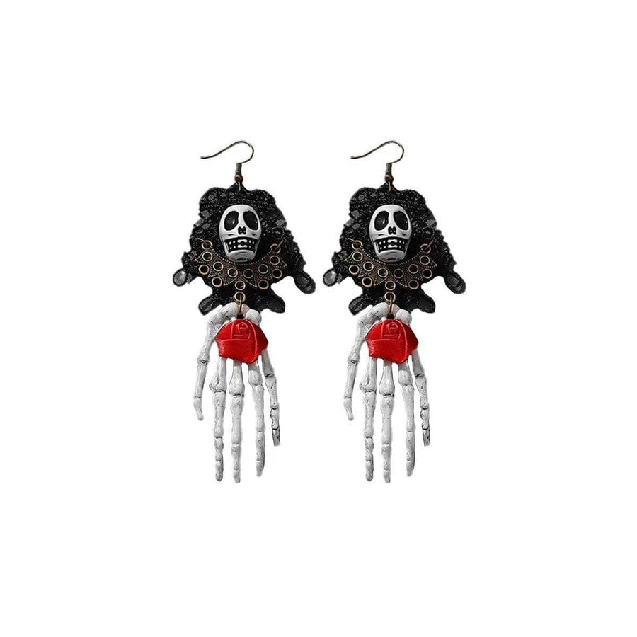 Halloween Earrings - Skeleton Hand with Skull and Red Rose