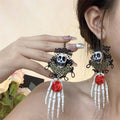 Halloween Earrings - Skeleton Hand with Skull and Red Rose - view 5