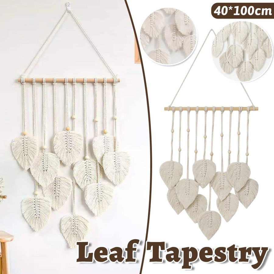 Hand Woven Cotton Cord Leaf Tapestry Bohemian Wall Hanging 40 x 100 cm, White