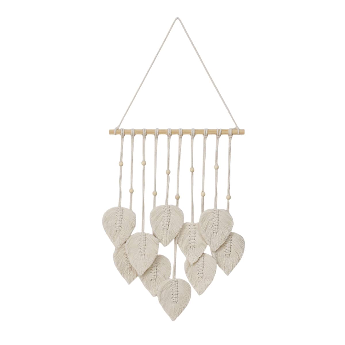 Hand Woven Cotton Cord Leaf Tapestry Bohemian Wall Hanging 40 x 100 cm, White - view 2