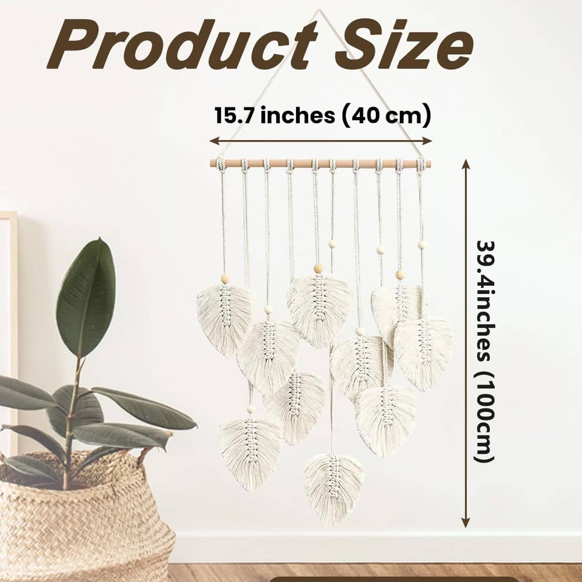 Hand Woven Cotton Cord Leaf Tapestry Bohemian Wall Hanging 40 x 100 cm, White - view 3