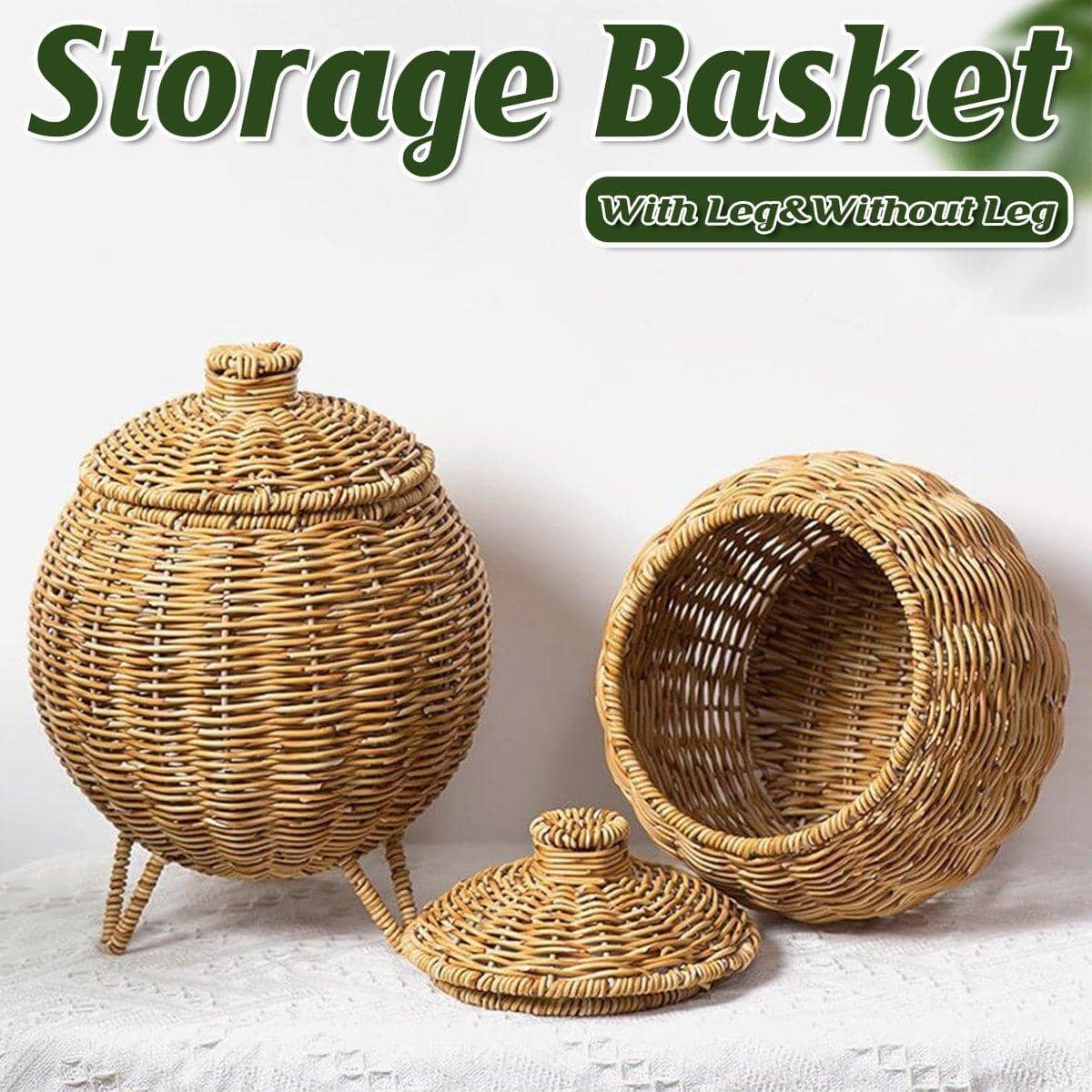 Hand Woven Imitation Rattan Storage Basket with Lid - Without Legs - view 2