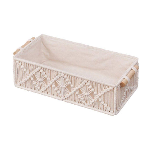 Hand-Woven Macrame Storage Basket with Wooden Handles - Small (31 x 14 x 8.5 cm)