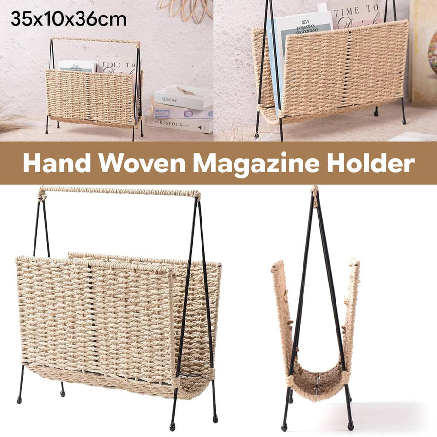 Hand Woven Magazine Rack - Paper Rope with Iron Frame, 35 x 10 x 36 cm