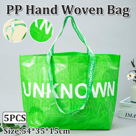 Hand Woven Shopping Tote Bags, Waterproof - Green, Pack of 5