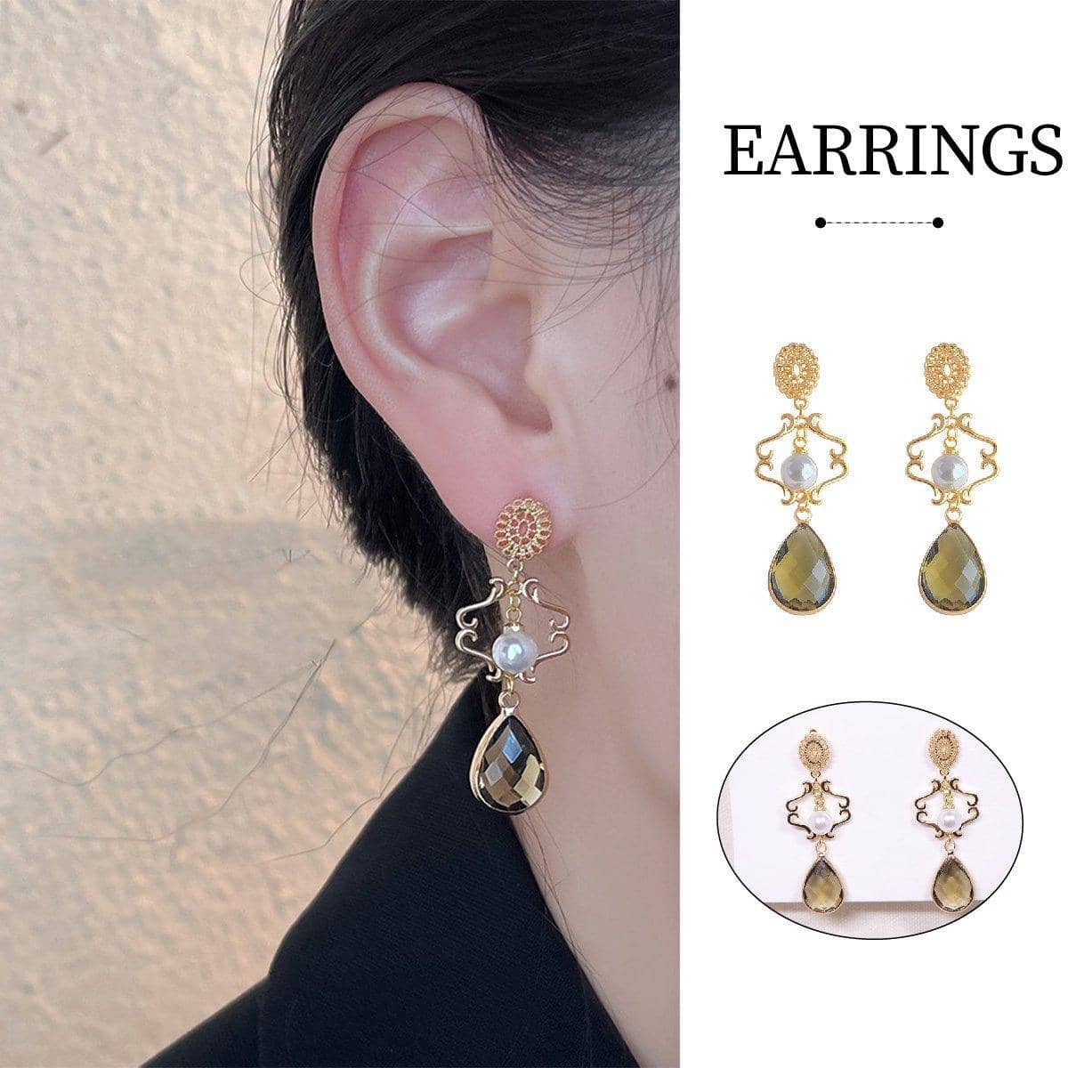 Handcrafted Geometric Earrings for Women, Gold Tone with Glass and Pearl
