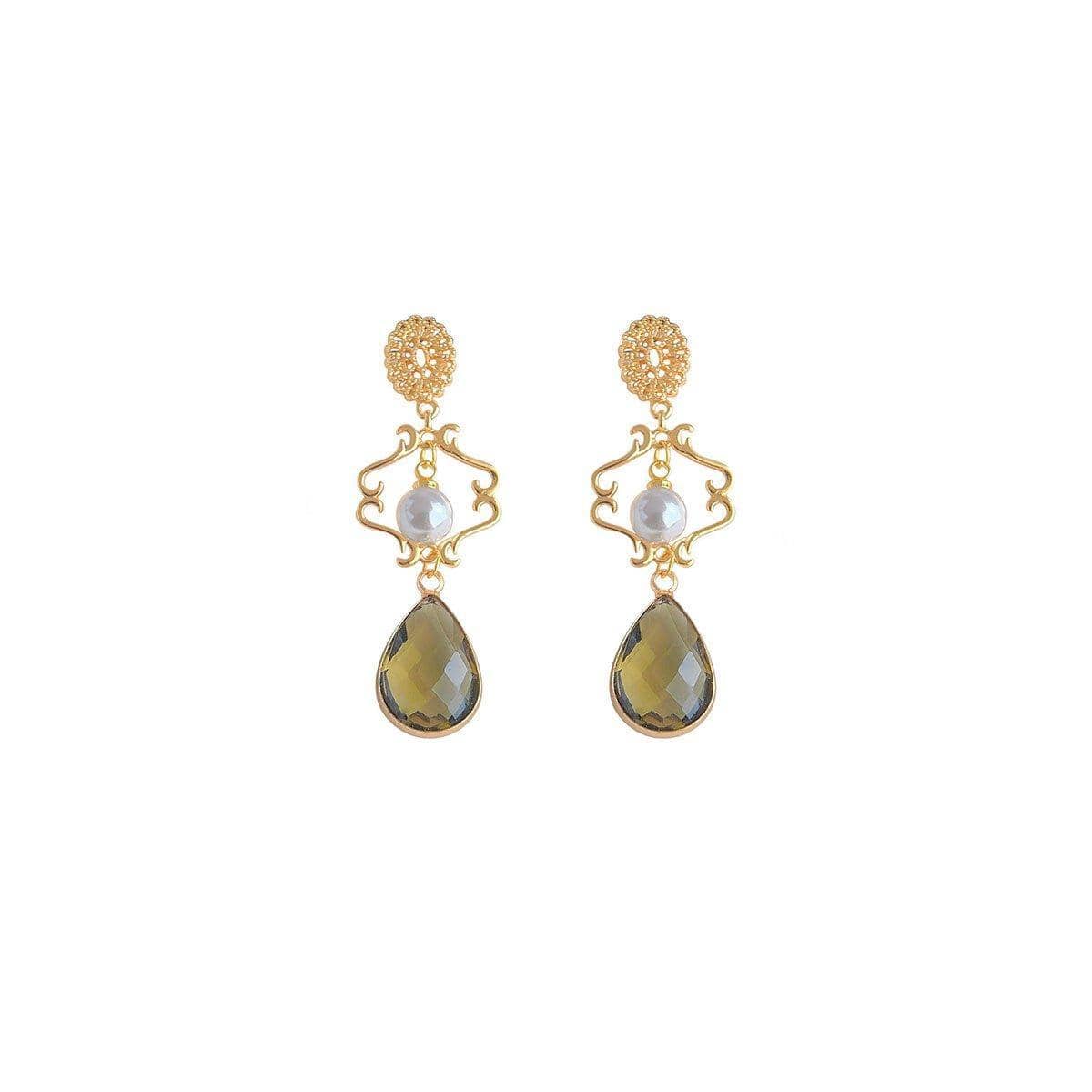 Handcrafted Geometric Earrings for Women, Gold Tone with Glass and Pearl - view 2