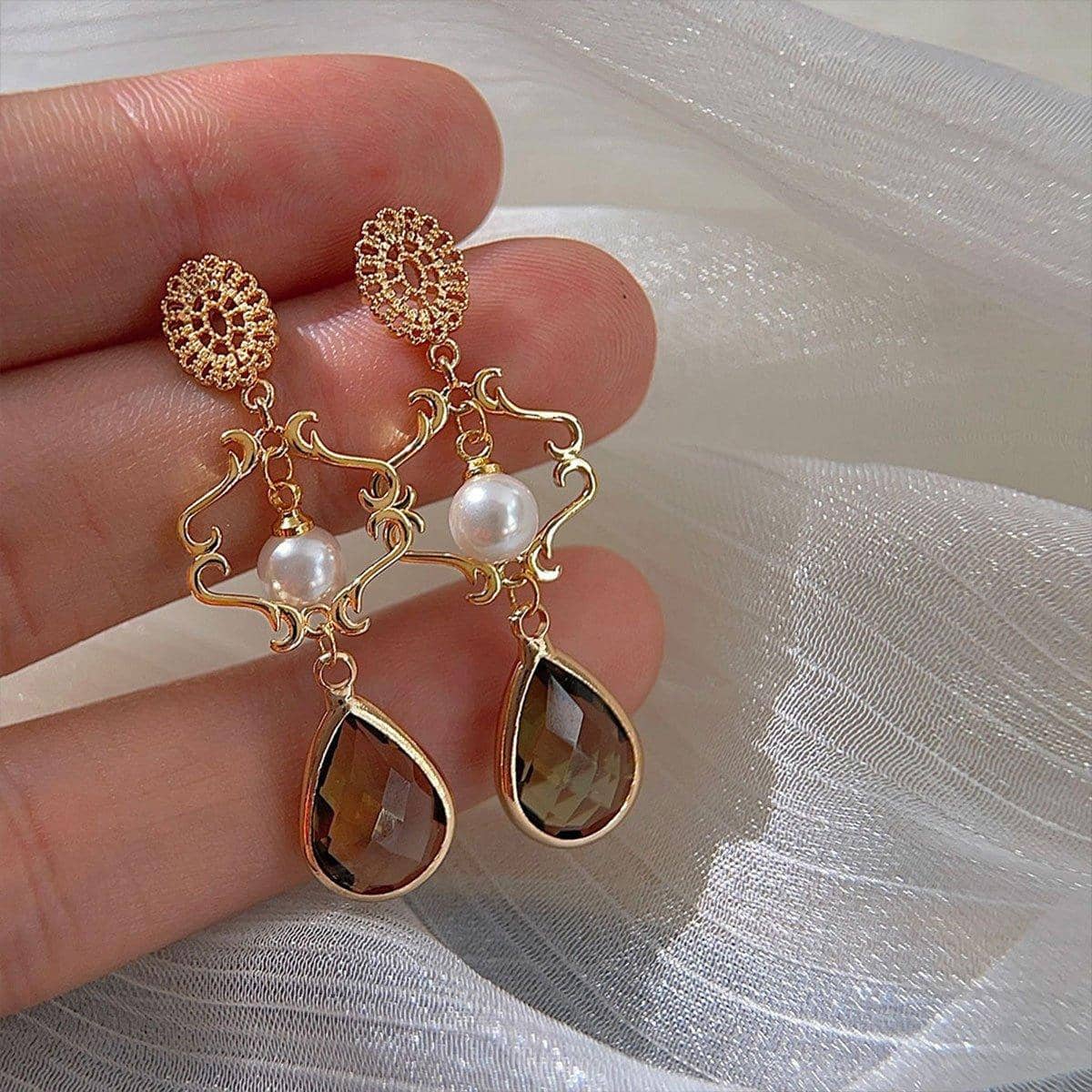 Handcrafted Geometric Earrings for Women, Gold Tone with Glass and Pearl - view 4