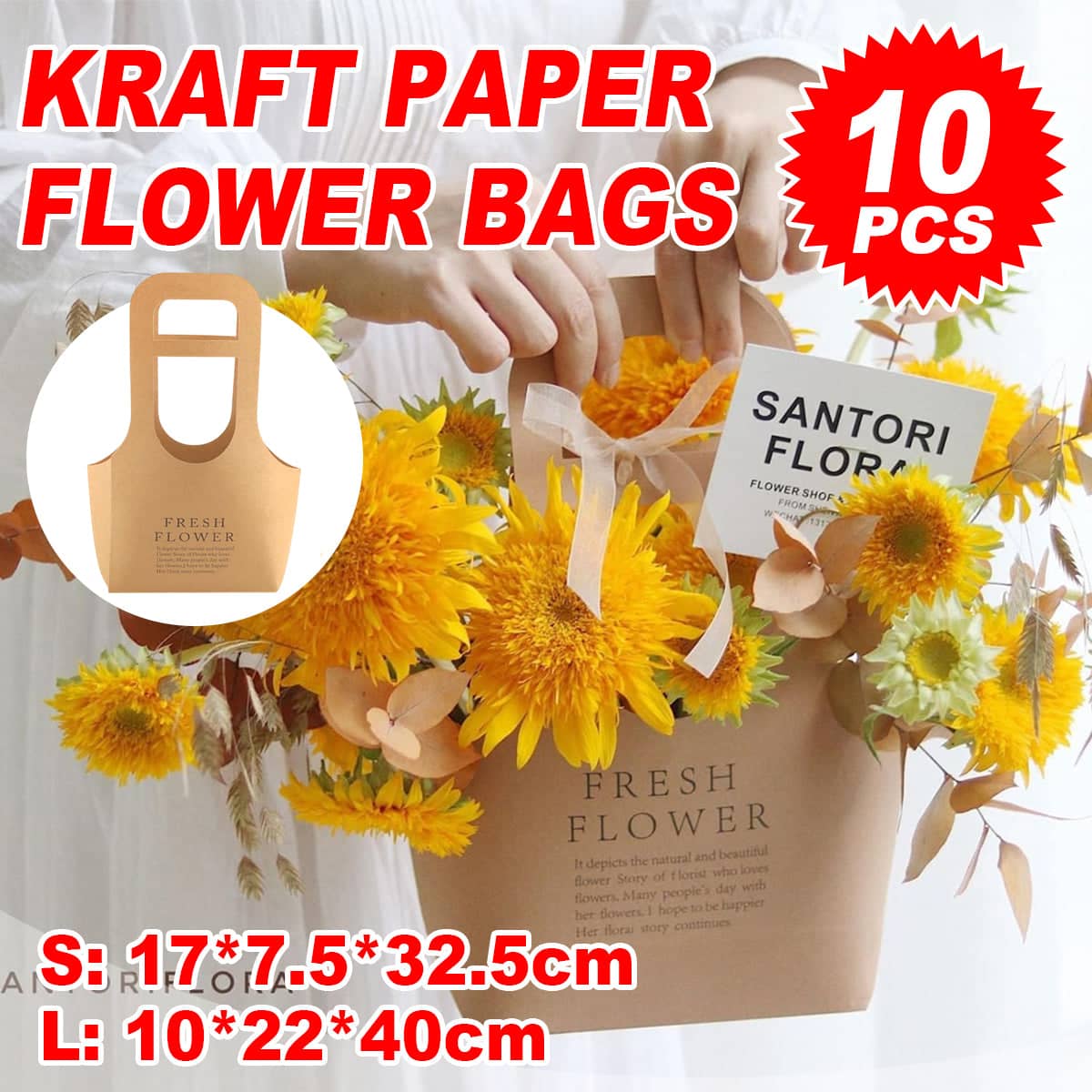 Handheld Kraft Paper Flower Bags, Pack of 10 - Kraft Brown, Large (22 x 10 x 40 cm) - view 2