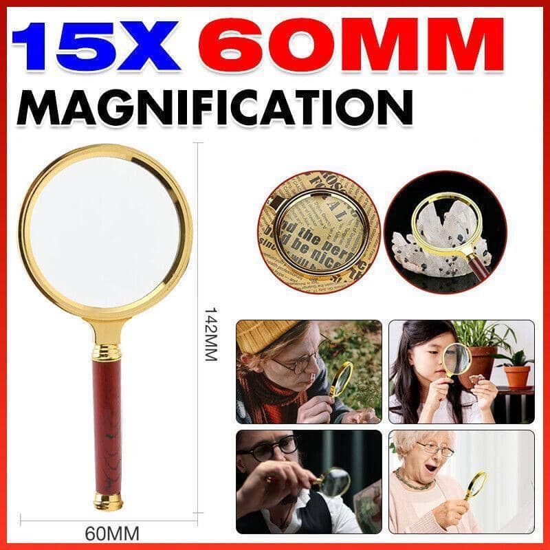 Handheld Magnifying Glass, 15x Magnification, 60mm Lens - Gold