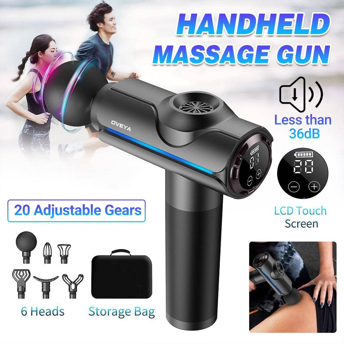 Handheld Muscle Massage Gun with 20 Speeds and 6 Heads, Black