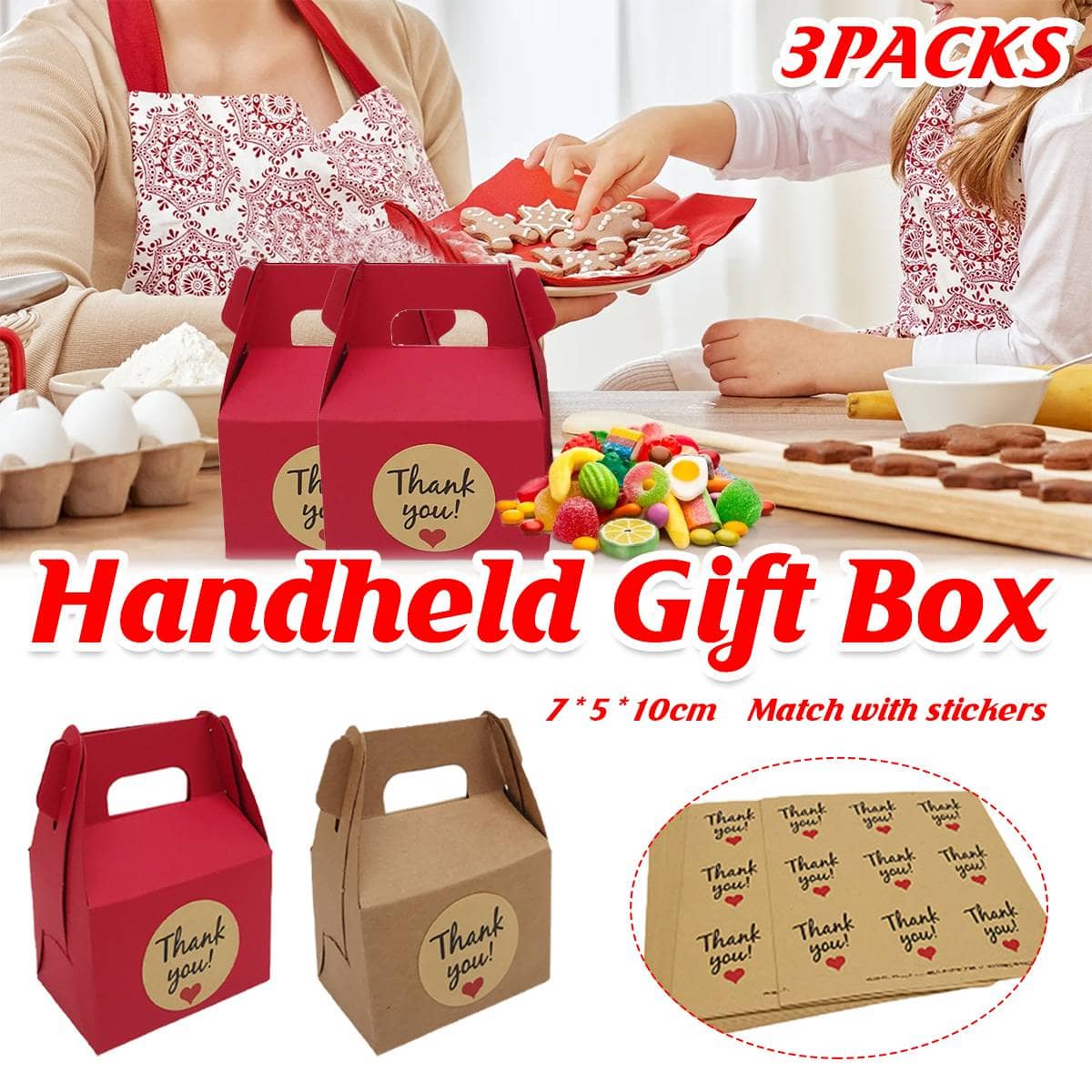 Handheld Paper Gift Boxes with Thank You Stickers, Pack of 3 - Red - view 2