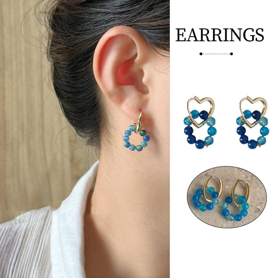 Handmade Blue Bead Heart Earrings for Women, Copper Fashion Jewellery