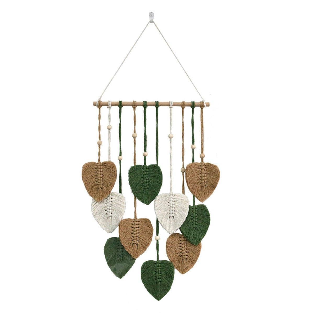 Handmade Braided Cotton Rope Leaf Wall Hanging - Dark Green, Brown and White