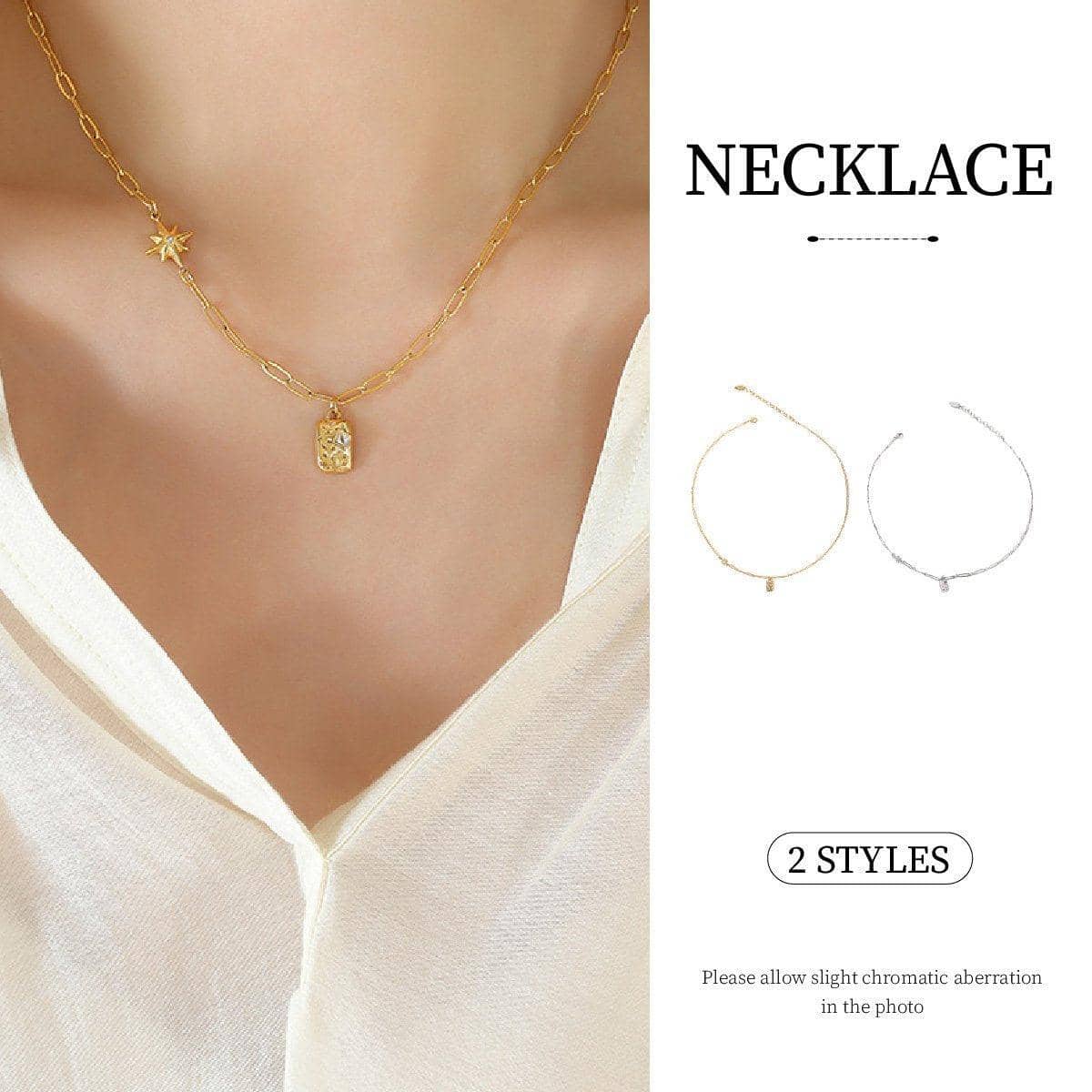 Handmade Clavicle Chain Necklace with Square Pendant - Gold - view 2
