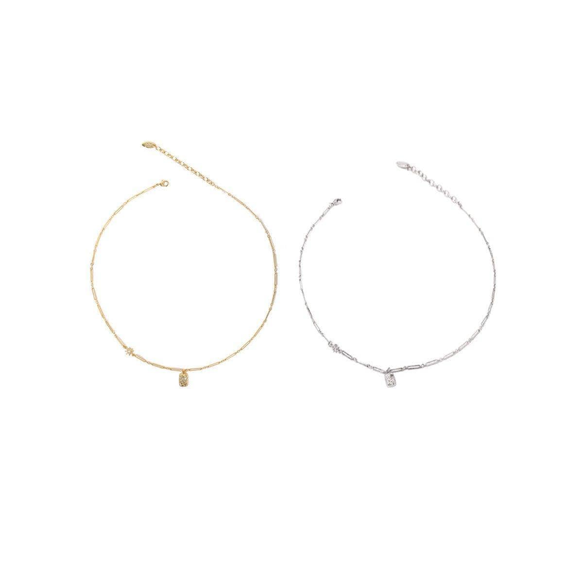 Handmade Clavicle Chain Necklace with Square Pendant - Gold - view 3