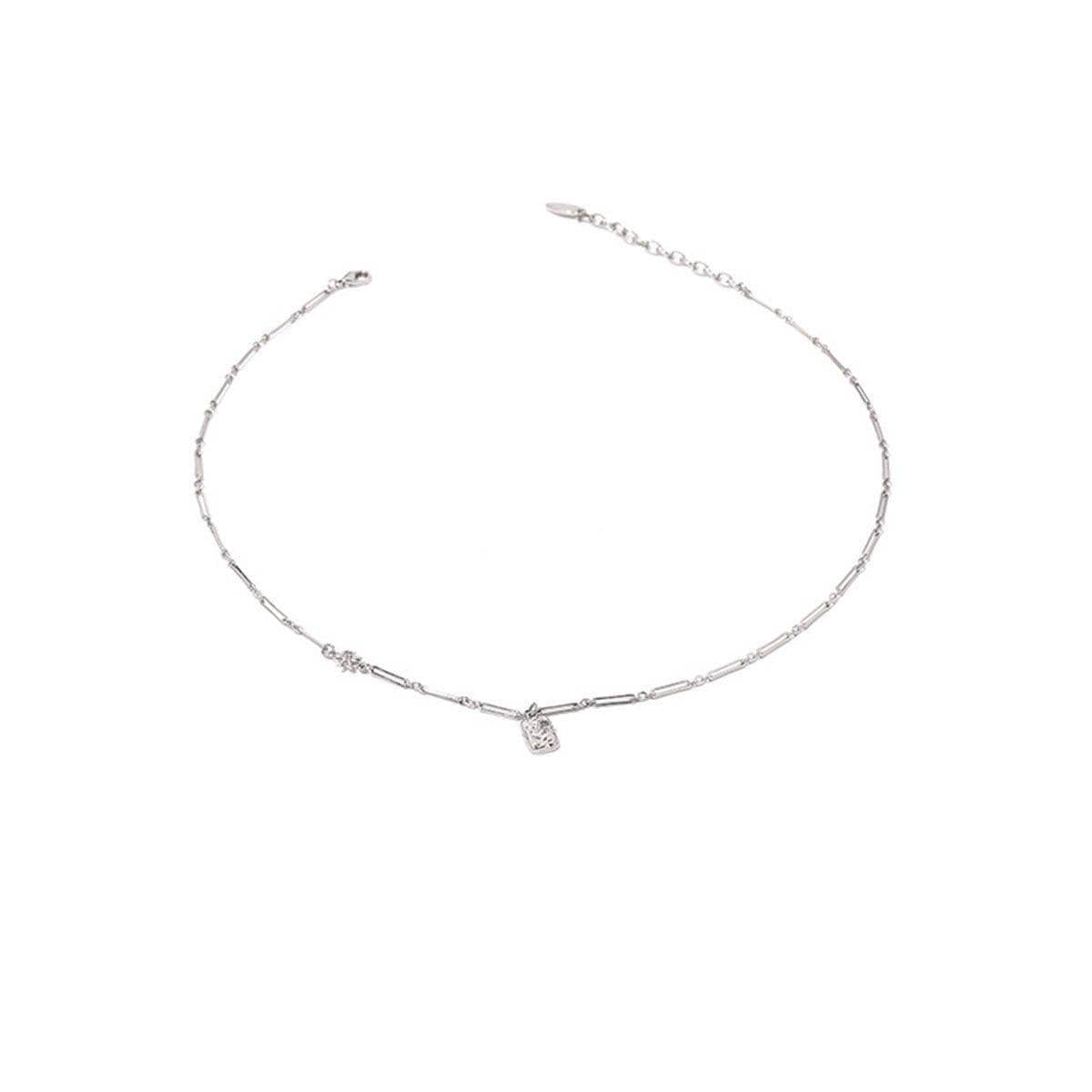 Handmade Clavicle Chain Necklace with Square Pendant - Silver