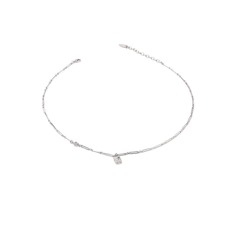 Handmade Clavicle Chain Necklace with Square Pendant - Silver