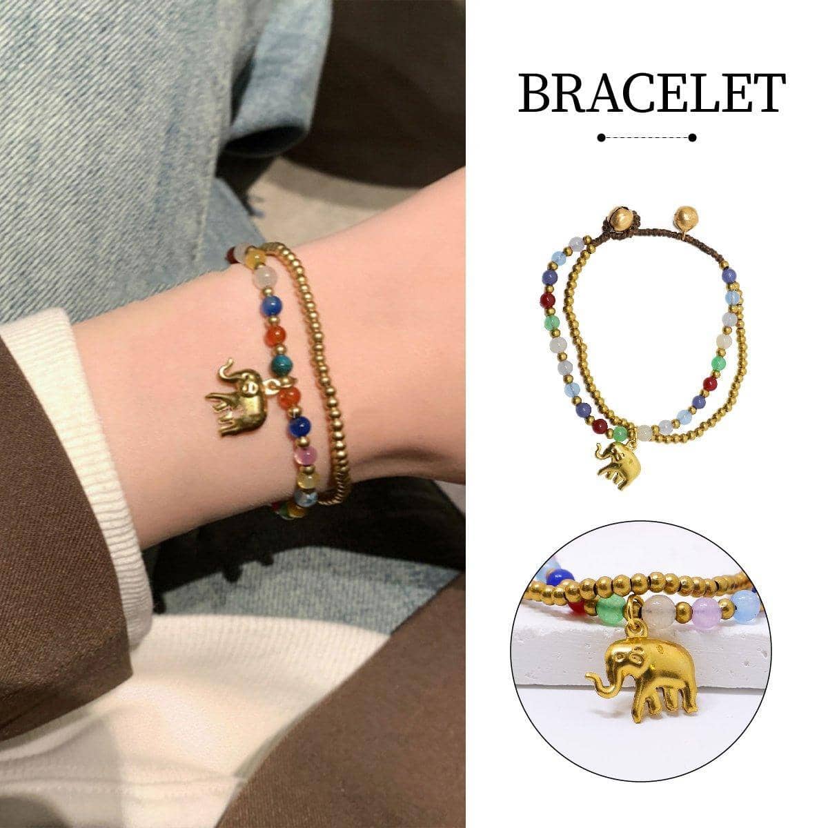 Handmade Ethnic Elephant Charm Bracelet with Multicolour Stone Beads