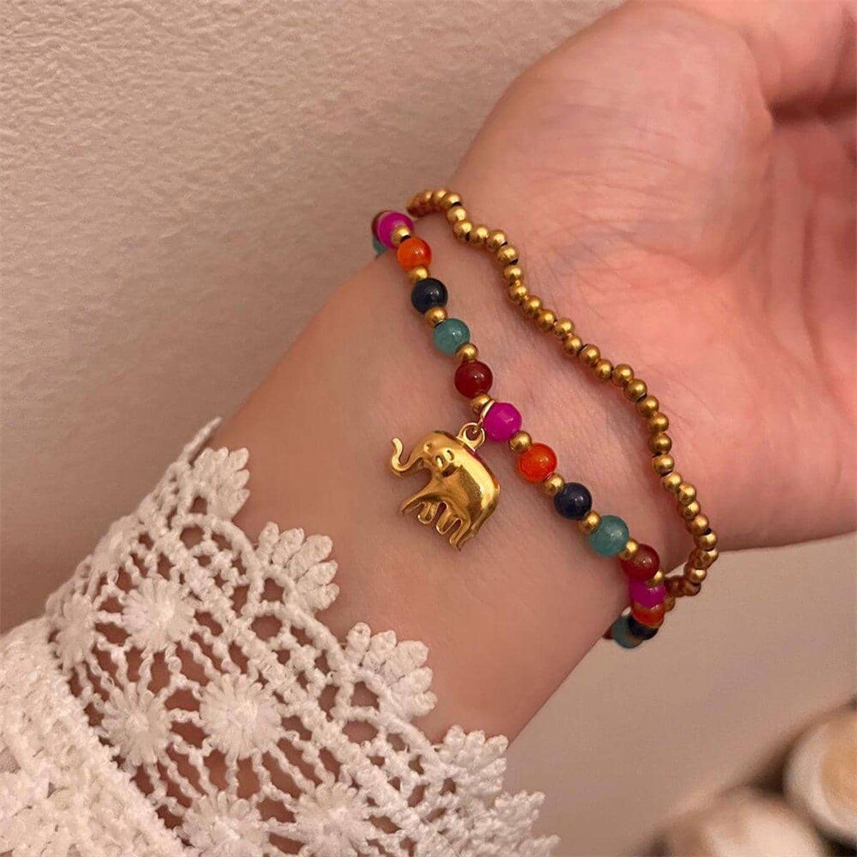 Handmade Ethnic Elephant Charm Bracelet with Multicolour Stone Beads - view 4