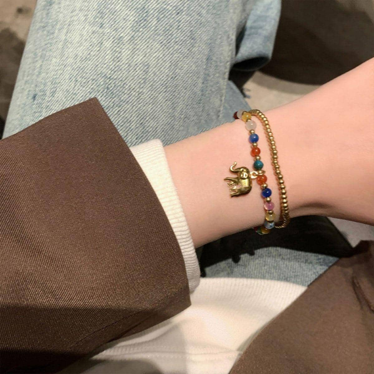 Handmade Ethnic Elephant Charm Bracelet with Multicolour Stone Beads - view 5