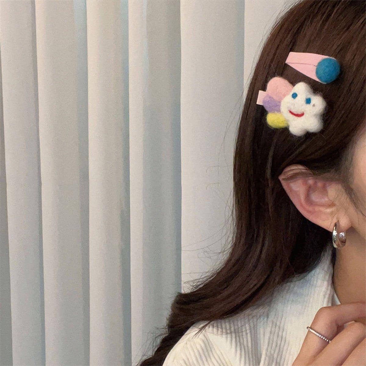 Handmade Felt Hair Clips - Smiling Pastel Flower - view 5