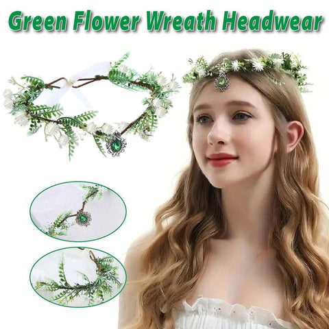Handmade Flower Crown Headband with Pendant, White and Green Fairy Elf Headpiece