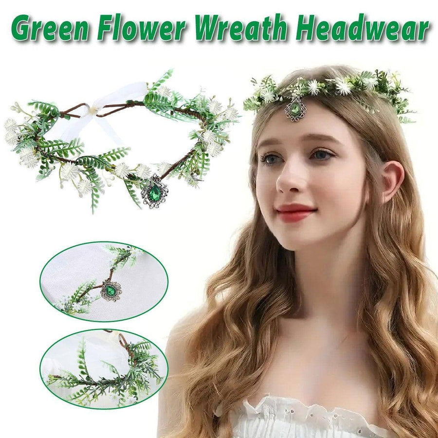Handmade Flower Crown Headband with Pendant, White and Green Fairy Elf Headpiece