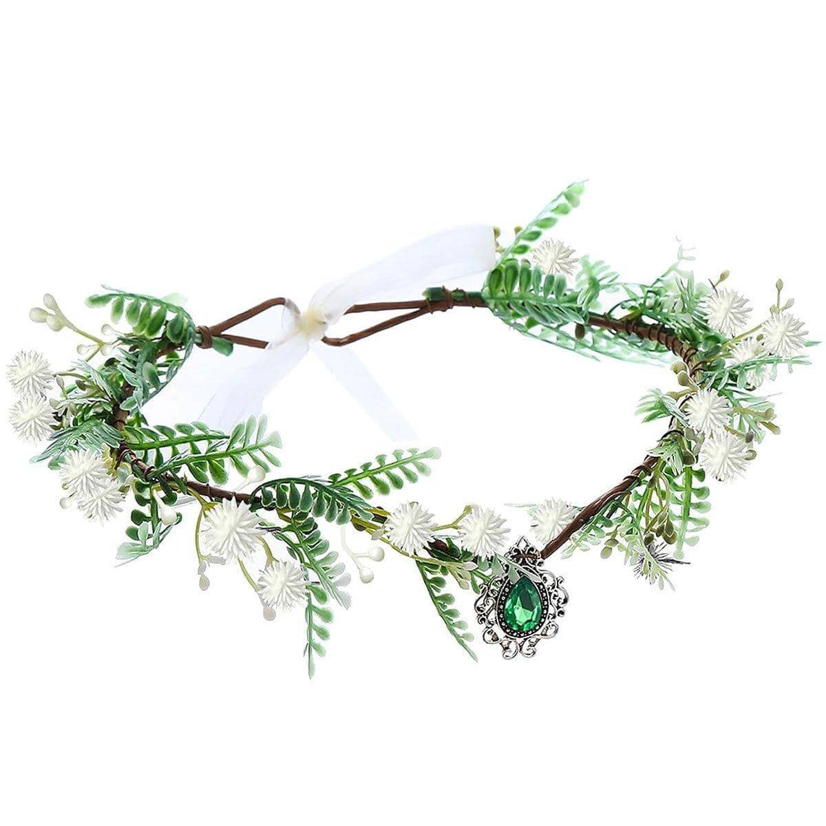 Handmade Flower Crown Headband with Pendant, White and Green Fairy Elf Headpiece - view 2