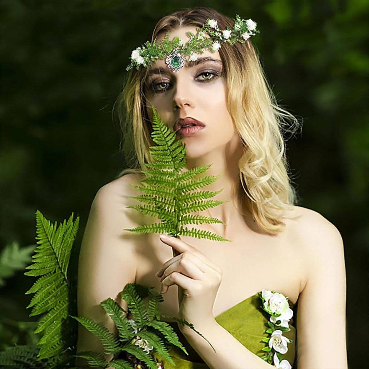Handmade Flower Crown Headband with Pendant, White and Green Fairy Elf Headpiece - view 4