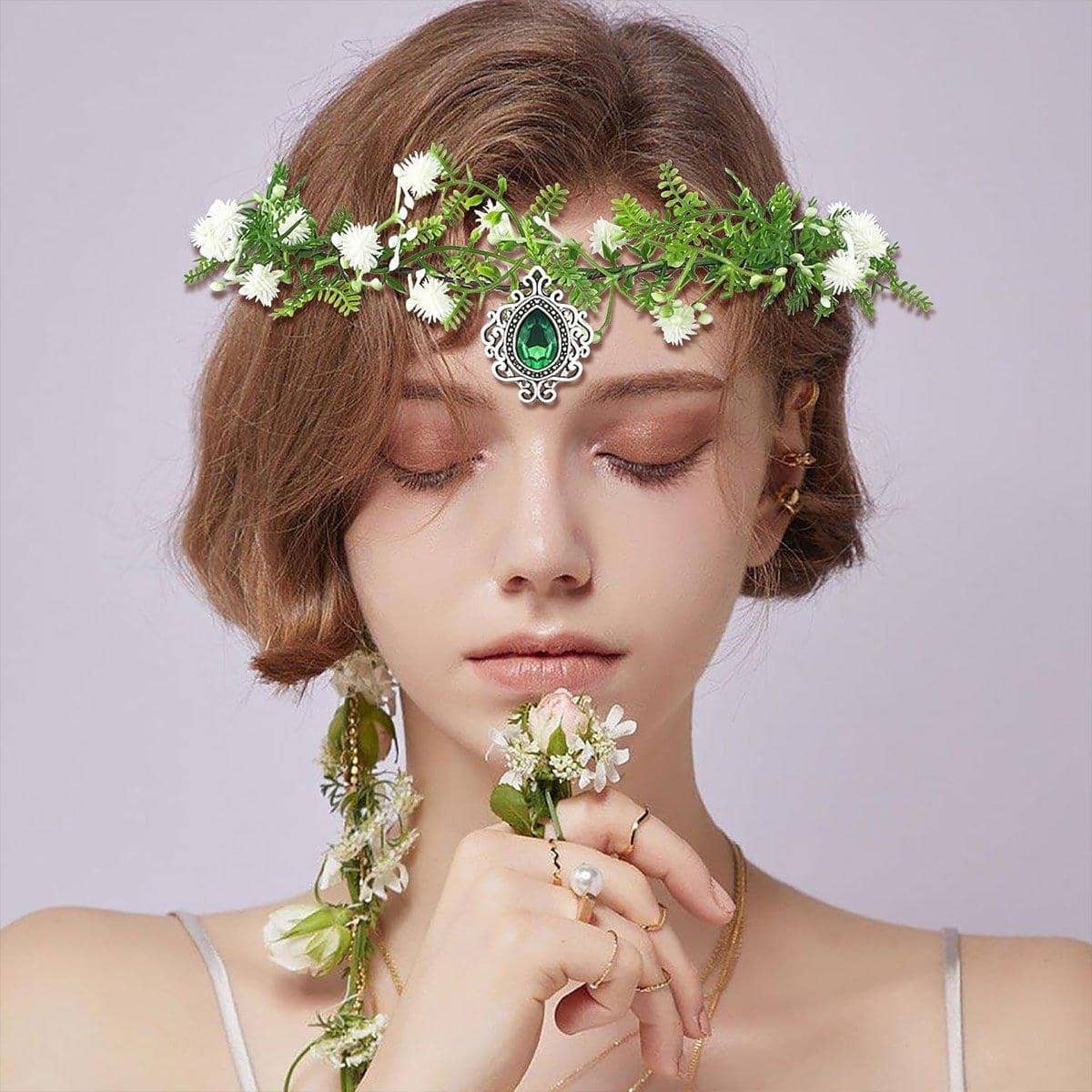 Handmade Flower Crown Headband with Pendant, White and Green Fairy Elf Headpiece - view 5