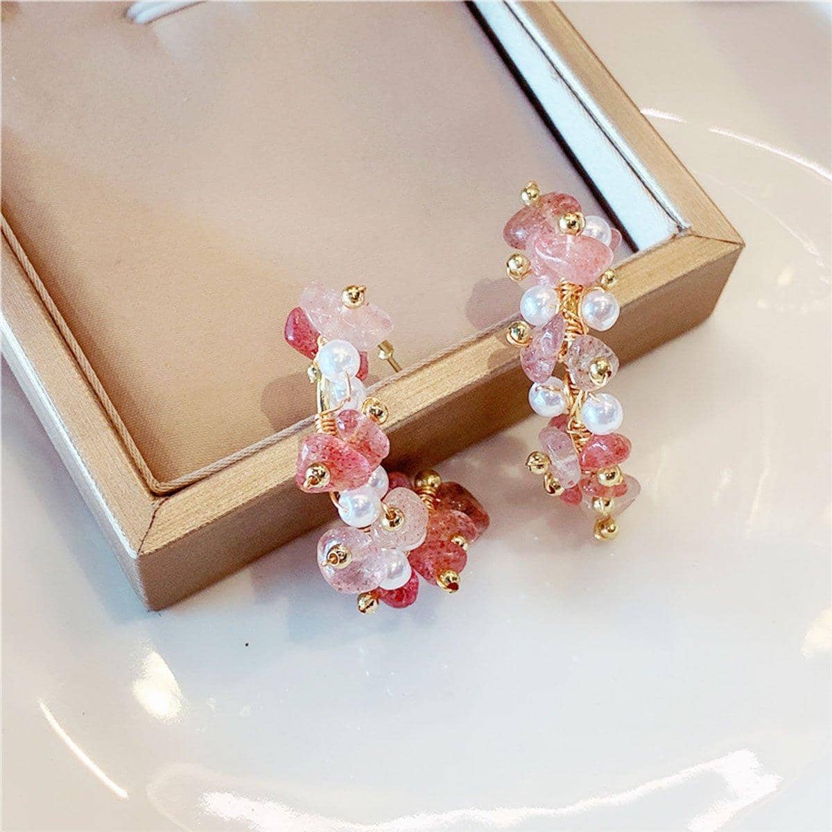 Handmade Pink Crystal and Imitation Pearl Hoop Earrings for Women and Girls - view 5