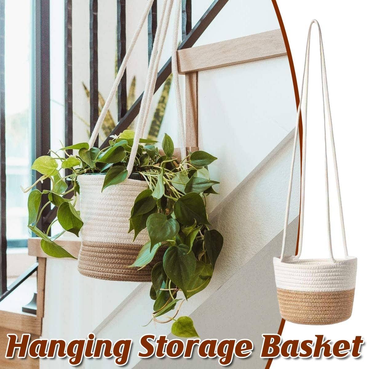 Handwoven Hanging Storage Basket Wall Planter, White and Brown
