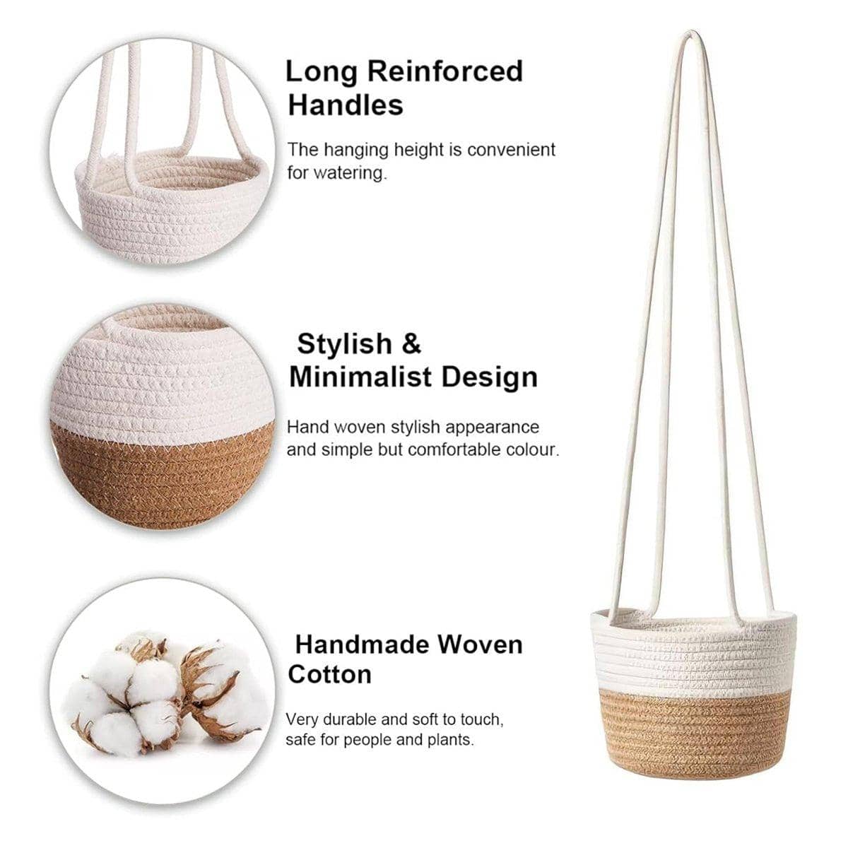 Handwoven Hanging Storage Basket Wall Planter, White and Brown - view 4