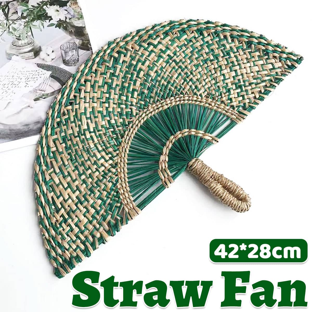 Handwoven Seagrass Hand Fan for Home Decoration and Summer Cooling, Green