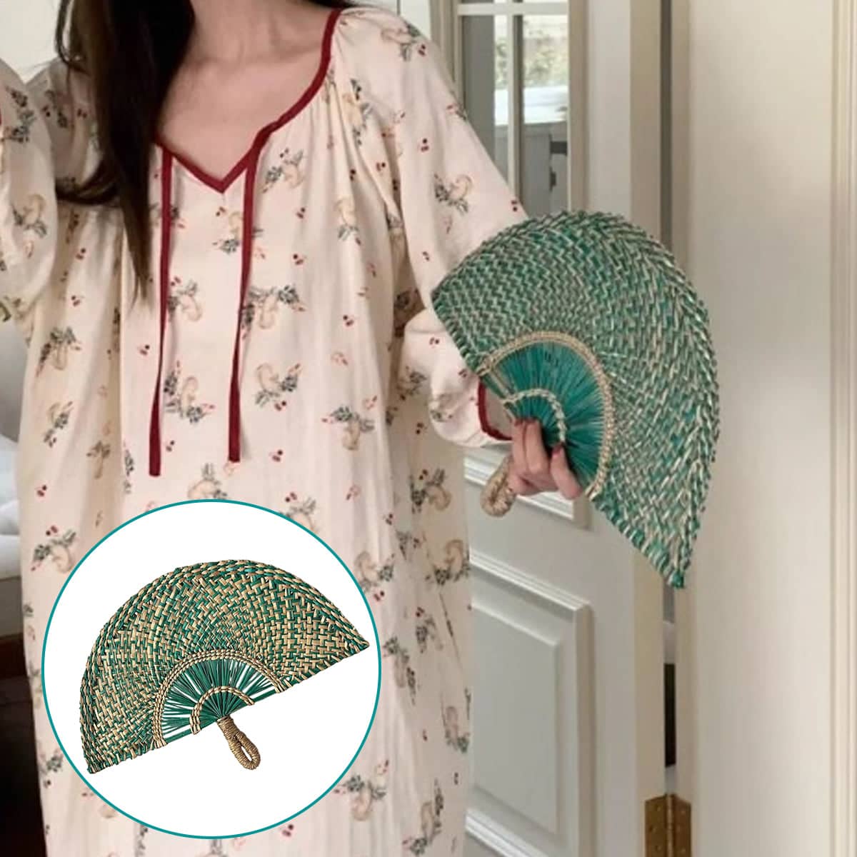 Handwoven Seagrass Hand Fan for Home Decoration and Summer Cooling, Green - view 4
