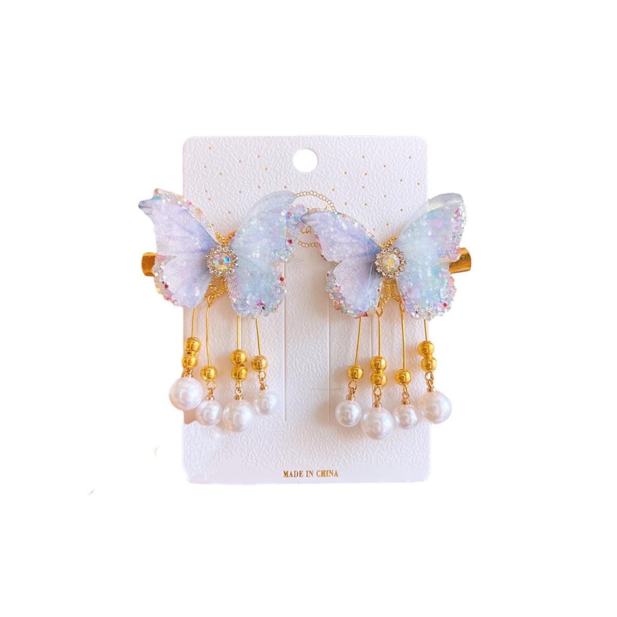 Hanfu Butterfly Hair Clips with Pearl Tassels - Style E014, Blue and Lilac, Set of 2