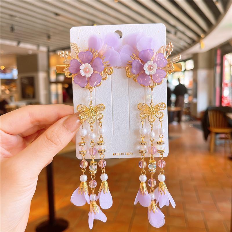 Hanfu Butterfly Hair Clips with Pearl Tassels - Style E014, Blue and Lilac, Set of 2 - view 30