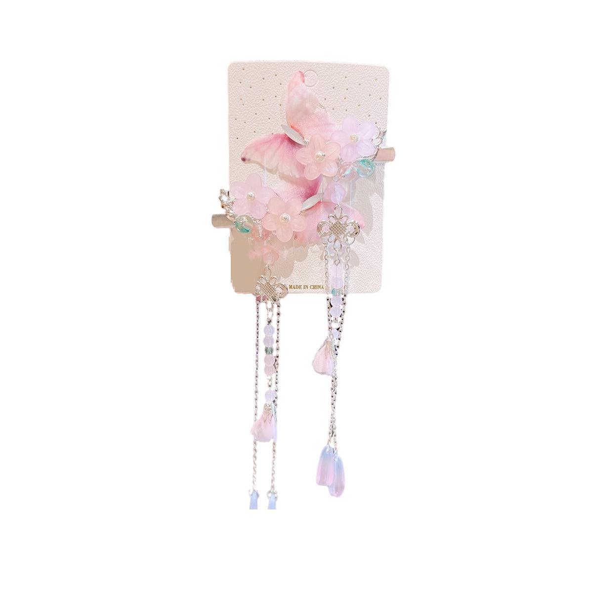 Hanfu Butterfly Hair Clips with Petal Tassels - Style 15, Pink and Teal, Set of 2