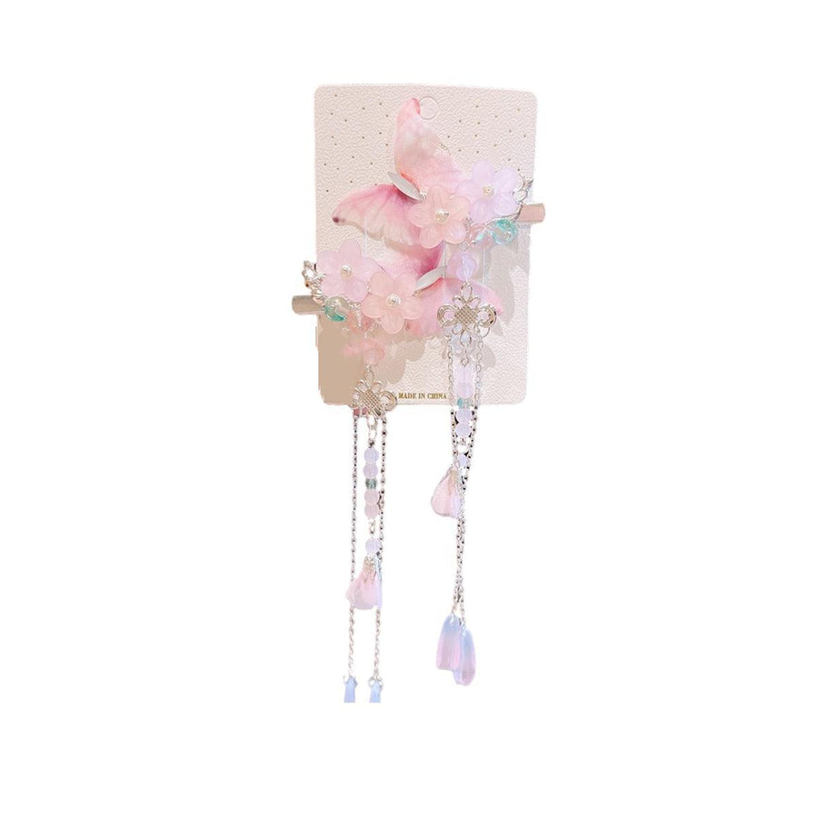 Hanfu Butterfly Hair Clips with Petal Tassels - Style 15, Pink and Teal, Set of 2