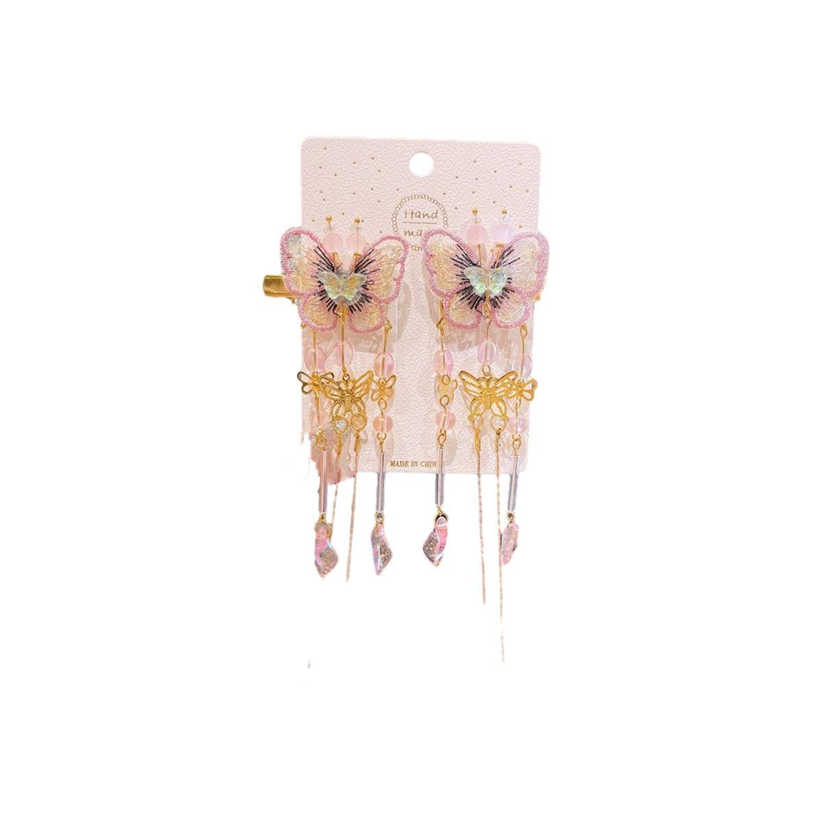 Hanfu Butterfly Hair Clips with Tassels - Style 4, Pink Butterflies, Set of 2