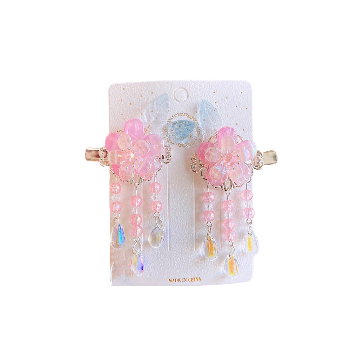 Hanfu Flower Hair Clips with Bead Tassels - Style E003, Pink, Set of 2