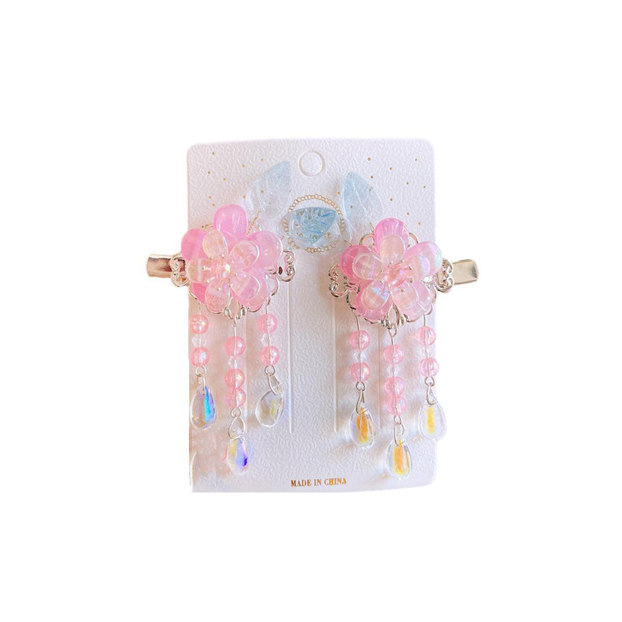 Hanfu Flower Hair Clips with Bead Tassels - Style E003, Pink, Set of 2