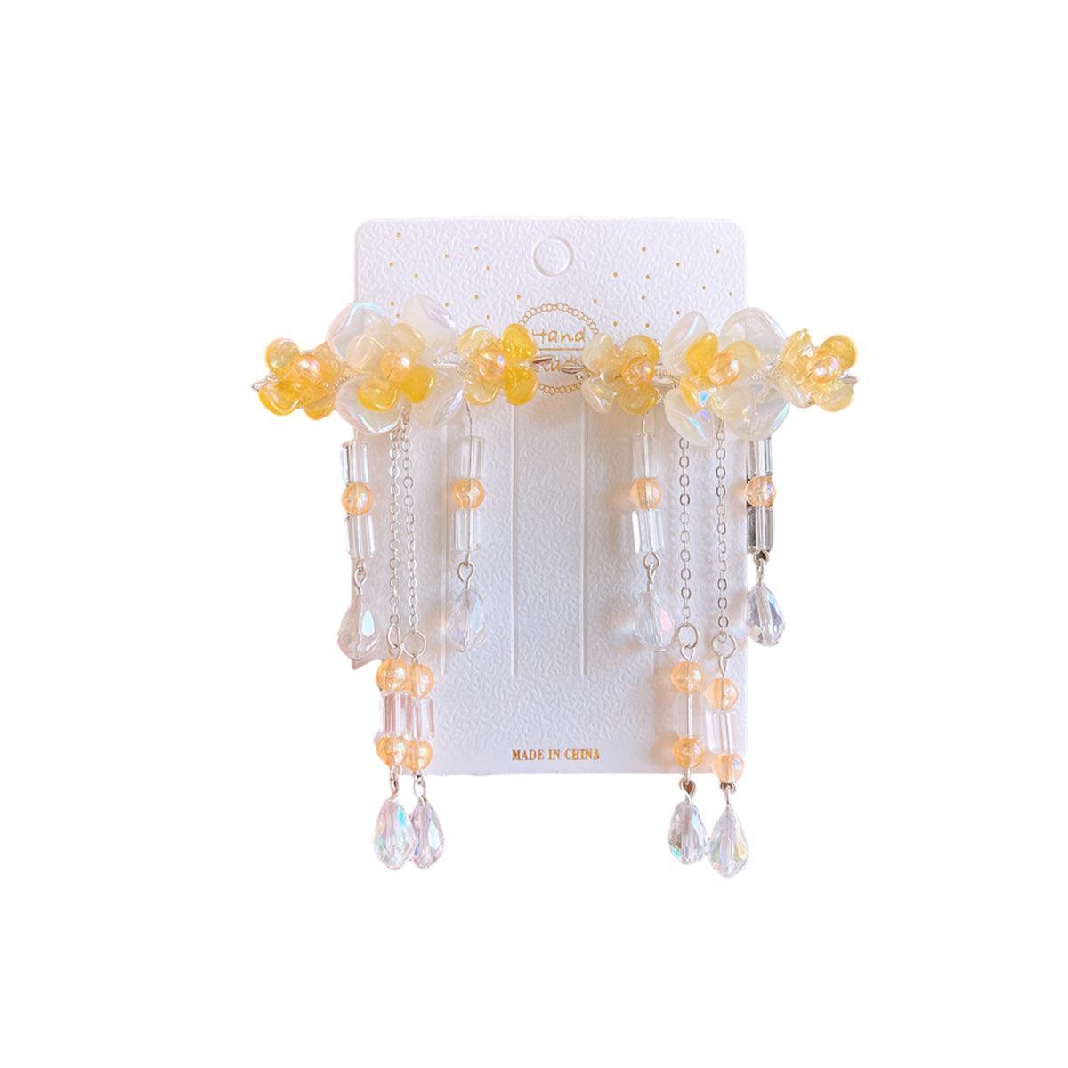 Hanfu Flower Hair Clips with Bead Tassels - Style E004, Yellow, Set of 2