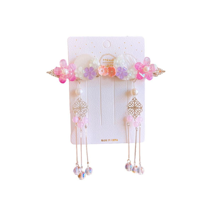 Hanfu Flower Hair Clips with Chain Tassels - Style E012, Pink and Purple, Set of 2