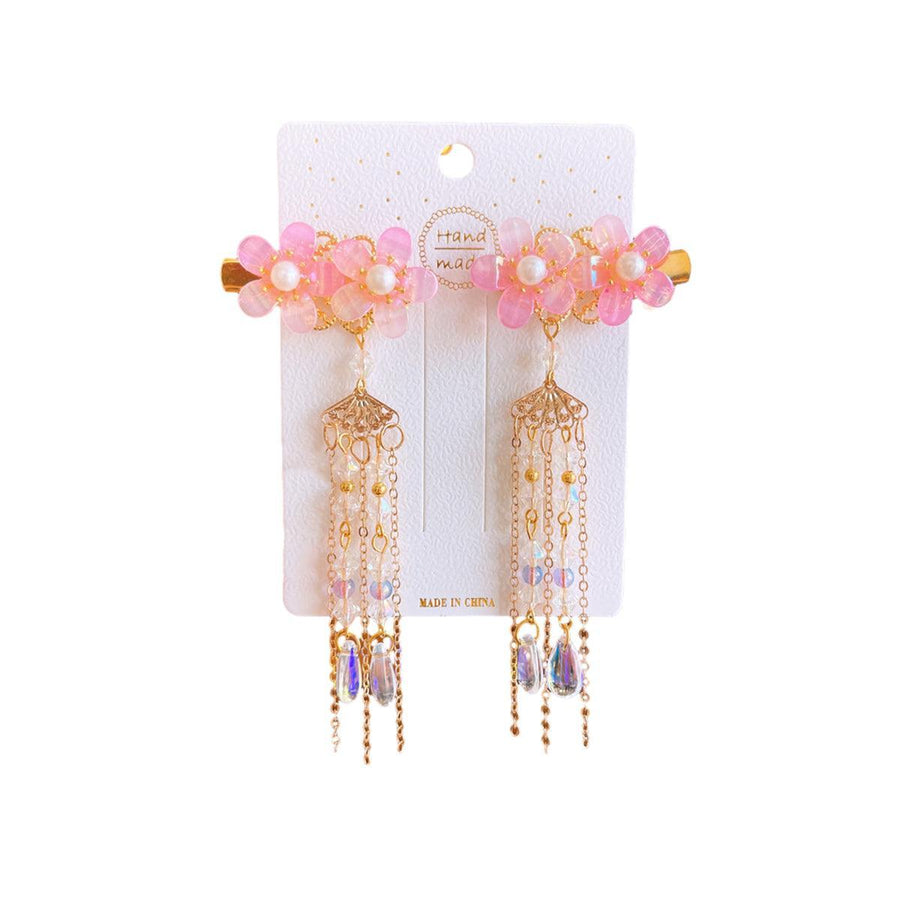 Hanfu Flower Hair Clips with Chain Tassels - Style E022, Pink Flowers, Set of 2
