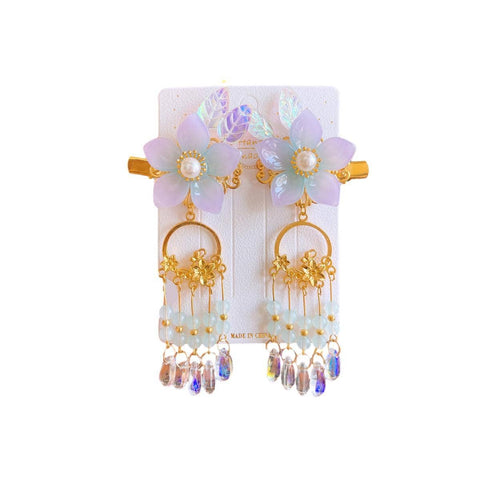 Hanfu Flower Hair Clips with Gold Ring Tassels - Style E005, Lilac, Set of 2