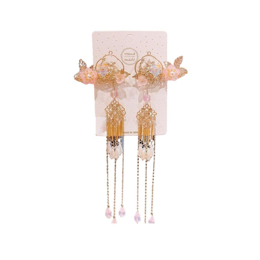 Hanfu Flower Hair Clips with Long Tassels - Style 13, Gold Fringe, Set of 2